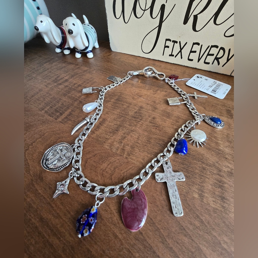 Free People Silver Charm Necklace with Blue, Pearl & Red Accents - Picture 2 of 6